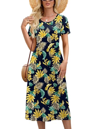 Image of Heymoments Women's Casual Short Sleeve Midi Dress Crewneck A Line Tiered Flowy Loose Travel Long Dresses with Pockets