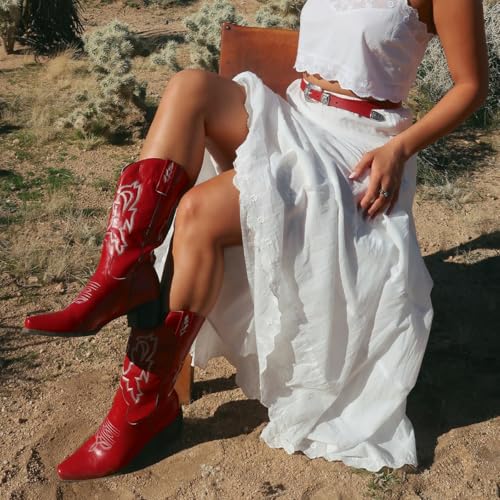 Yolkomo Cowboy Boots For Women Red Distressed Cowgirl Boots Wide Width Pull-On Mid-Calf High Boots Pointy Toe Embroidered Western Boots Size 8 thumb #4