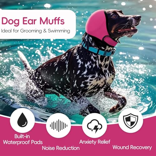 Image of Dog Calm Hoodie Ear Wraps for Dogs, Waterproof Dog Swim Cap, Ear Cover Muffs for Anxiety Relief Noise Cancelling, Dog Head Warp Ear Protection for Hematoma Fireworks Bath Swim Blow Drying(L,Rose Redd)