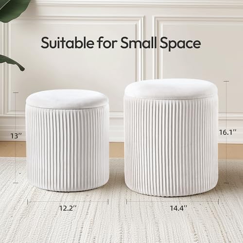 infurnic Ottoman with Storage Set of 2, Velvet Round Storage Ottoman, Upholstered Sponge Vanity Stool Support 300lbs, Multifunctional Coffee Table Foot Rest Ottoman for Living Room Bedroom, White - Thumbnail 3