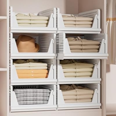 Proarea Stackable Plastic Storage Basket Closet Organizer Bin Foldable Clothes Organizer Storage Drawer Shelf Container for Living Room Bathroom Kitchen Office
