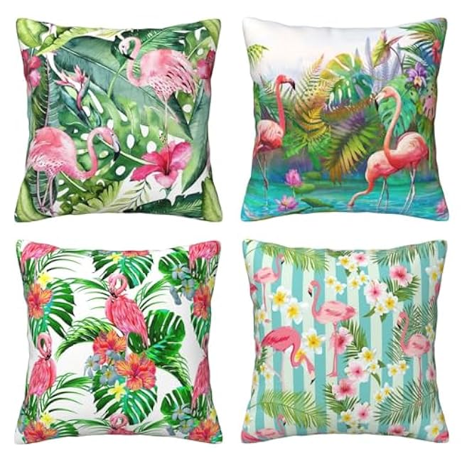4 Pcs Flamingo Decorative Throw Pillow Covers 18 X 18 Inch Pink Bird Pillowcases Tropical Leaves Cushion Covers for Sofa Couch Summer Holiday Home Decor