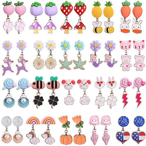 20 Pairs Cartoon Clip On Earrings for Girls Kids, Adjustable U-Shaped Non-Piercing Ear Clips, Lightweight Plastic Flower/Mushroom Designs (Pumpkin, Shell with Pearl) for Sensitive Ears & Daily Gifts