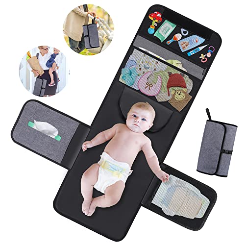 Image of Portable Changing Pad, Baby Changing Mat with Smart Wipes Pocket, Waterproof Changing Station Kit, Foldable Changing Pad for Baby Shower, Travel, Walking (Navy Blue)