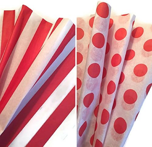 Red & White Printed Tissue Paper Bundle for Gift Wrapping, 24 Sheets, Red Stripe/Polka Dot