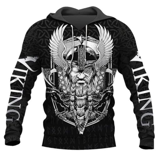 Sweat à capuche 3D viking unisexe avec fermeture éclair et motifs runes nordiques