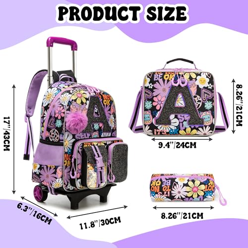 Image of Meetbelify 3 in 1 Backpack with Wheels for Girls Rolling Letter Backpack Cute Carry on Backpack Kids Luggage with Lunch Box Pencil Case for Elementary Student