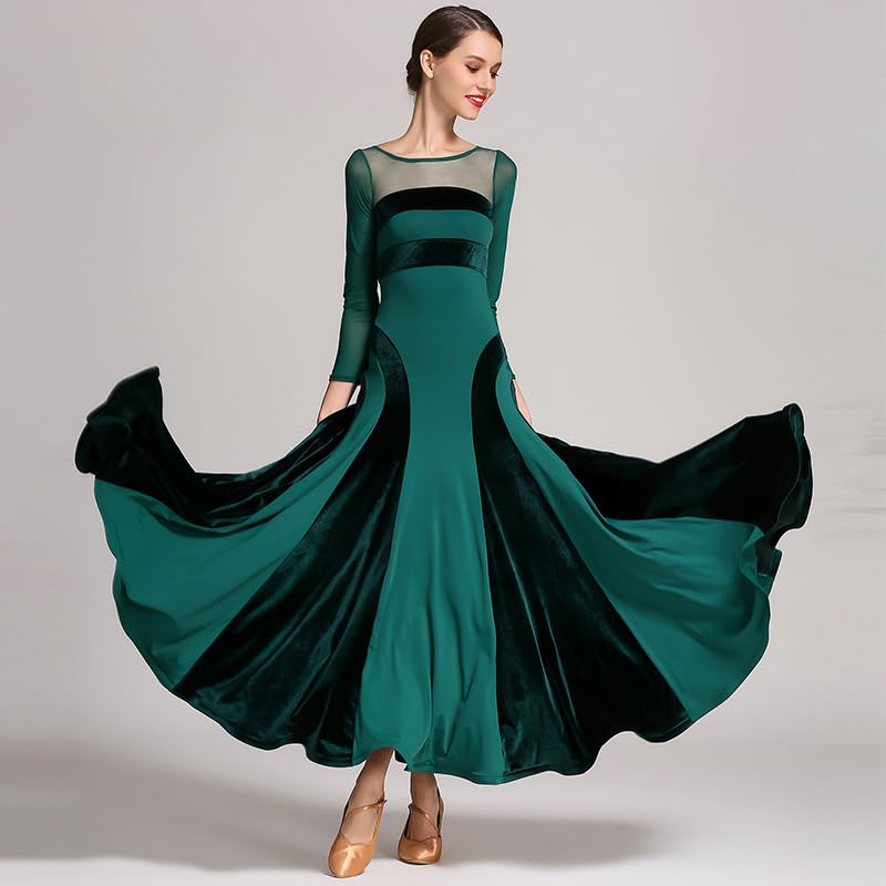 HEARTTOUCH Women's Ballroom Dance Competition Dress Modern Waltz Tango Standard Dress Long Sleeve Performance Costumes (Green,M,Medium)