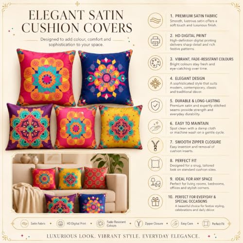 Image of Decorative Satin Sofa Cushion Covers Set of 5, 16 x 16 Inches, Multicolor Floral Printed Pillow Covers for Living Room, Bedroom, Couch & Sofa, Soft Glossy Fabric, Zipper Closure