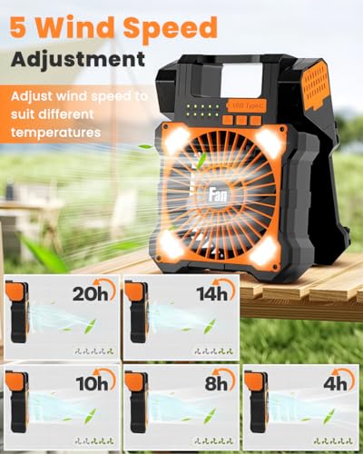 Image of HASTHIP Rechargeable Fan for Home 5200mAh Solar Powered & 90 Foldable LED Camping Fan Battery Fan Rechargeable Big Size with Dual USB Interfaces, 5 Airflow Speeds & Dimmable Light with Handle & Hook