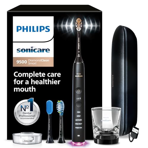 Philips Sonicare DiamondClean Smart 9500 Electric Toothbrush - Sonic Toothbrush with App, Pressure Sensor, 15 Brushing Settings, Replacement Reminder, USB Charging Travel Case, Black, Model HX9923/11