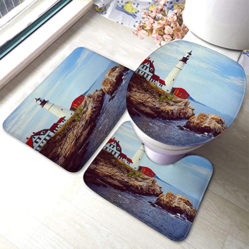 Badezimmerteppich-Set, 3-teilig, Lighthouse Art, waschbare Badeteppiche, rutschfest, mit Stützpolster, Konturteppich und Toilettendeckelbezug