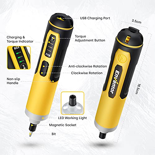 Electric Screwdriver Rechargeable, ENVENTOR 3 gears torque & Max 6N·M with LED work light Power Screwdriver Sets for home maintenance decoration and manual operation, Electric torque screwdriver