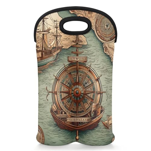 GzLeyigou 2 Bottles Compass Map Wine Bag Sleeve Totes Neoprene Protective Wine Carrier Bag for Wine,Water, Champagne, Beer, Baby Bottles,Gift 14.5 x 10 Inches
