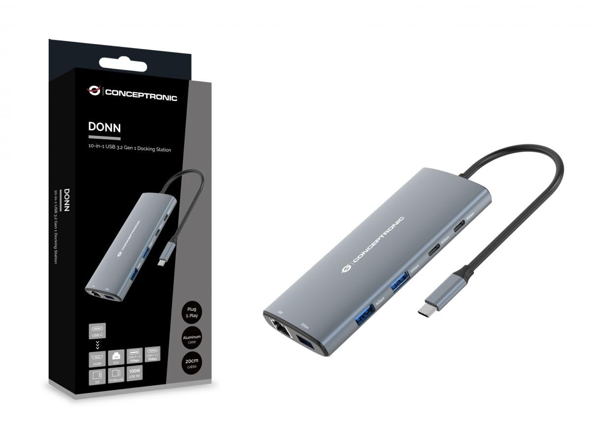 CONCEPTRONIC DONN06G 10 in 1 USB 3.2 Gen 1 Docking Station, HDMI, 100 W USB PD, USB-C 5 Gbps x 2, USB-A 5 Gbps x 3, SD, TF/MicroSD, GbE