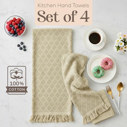 Image of Kitchen Towels, Set of 4 Hand Towels, Sage Taupe Diamond Pattern Drying Towels 18 x 28 Super Absorbent Cotton Hand Cloths with Fringed Edges, Everyday Essentials Kitchen Linens