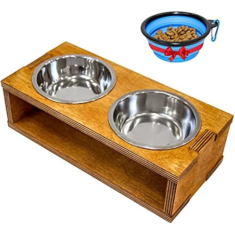 Wood Elevated double Bowls Stand for small dogs and cats - Dog raised bowls - Food and Water dog or cat feeder non-slip feet - 2 stainless steel bowl 5oz included - portable silicone pet feeder in set Cover