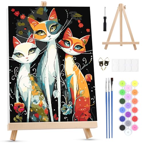 MXJSUA Peinture Numero Enfant Adulte avec Cadre, Trois Chats Numéro d'art avec Pinceaux, Loisirs Créatifs Adultes, Activité Manuelle Adulte, 20x30cm