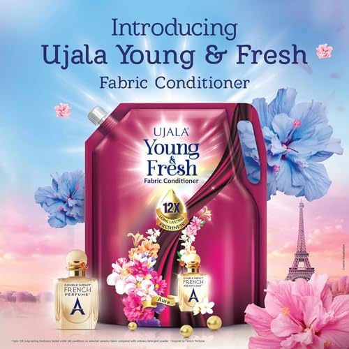 Image of UJALA Young & Fresh Fabric Conditioner - 2L Pouch [ Aura ] | After Wash Fabric Conditioner with Long-Lasting Fragrance | Powered with French Perfume | Suitable for Bucket Wash and Machine Wash,Liquid