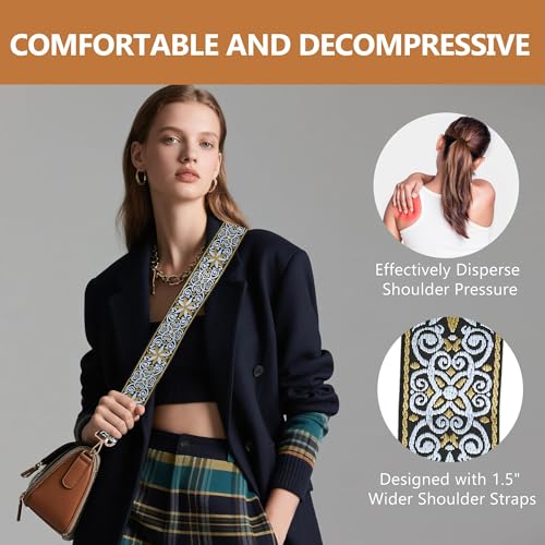 Image of Purse Strap, Adjustable Embroidery Flower 2 Inch Wide Purse Straps Replacement Crossbody for Women