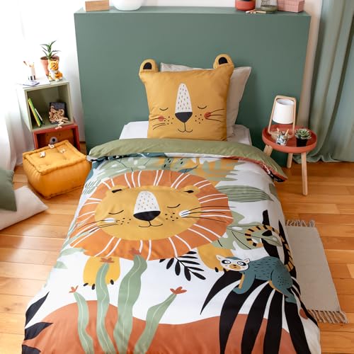 Parure de Lit Enfant Lion – Housse de Couette 140x200 cm + 1 Taie d'oreiller 63x63 cm Oreilles Matelassées – Thème Animaux de la Savane en Microfibre – 2 Pièces