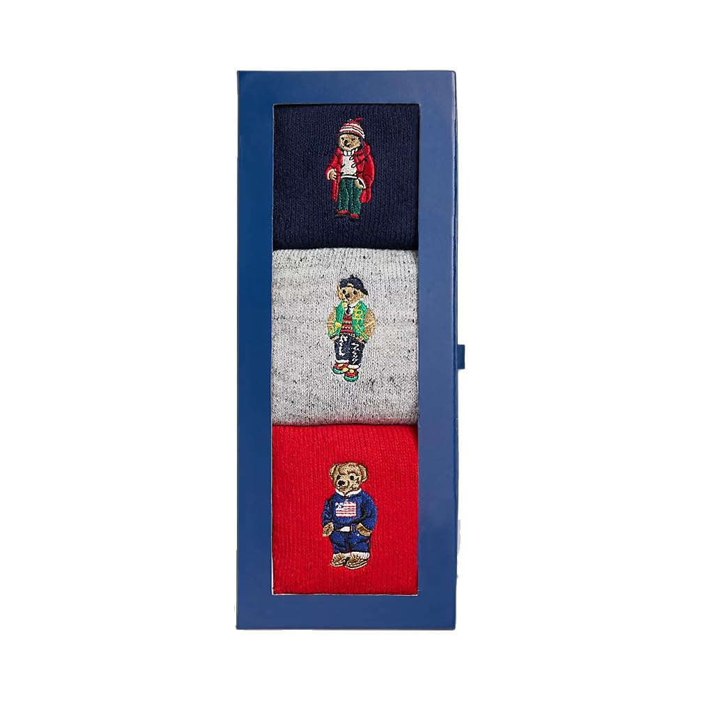 Polo Ralph Lauren Wollsocken mit Stickerei, Rot, Grau und Marineblau, 3er-Pack, Größe 42-46