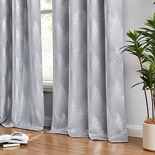 Grey Blackout Curtain Panels For Bedroom Shinning Silver Forest Tree Print Full Blackout Curtain Drapes Energy Efficient 100% Blackout Window Curtain Panels For Living Room 50"Wx84"L 2Pcs Grommet Top #TOP2