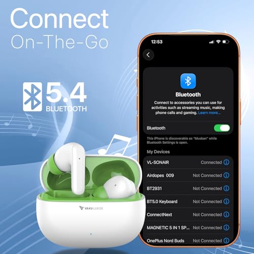 Image of Vaku Luxos SONAIR TWS Bluetooth 5.4 Earbuds | 60H Playtime | Touch Controls | Type-C Fast Charging | 10mm Driver | Voice Assistant | Deep Bass Wireless Earbuds with Charging Case- White /Green