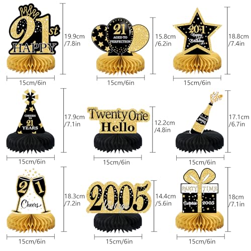 Image of 9Pcs Black Gold 21st Birthday Decorations Honeycomb Centerpieces for Girls,Happy 21st Birthday Centerpieces Tables Toppers Party Decorations Supplies,Vintage 2005 Aged Table Sign Decor