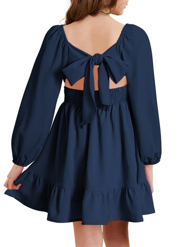 Girls Tie Back Off Shoulder Dress Ruffle Long Sleeve Fall Spring Dresses 4-15 Years