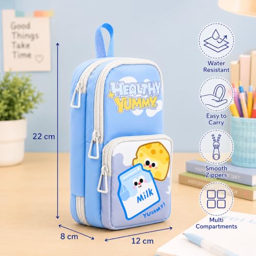 Image of Alokik 3 Compartment Pencil Pouch for Kids, Cute Milk & Cheese Cartoon Pencil Case with Multiple Zipper Compartments, Water-Resistant Stationery Organizer for Boys & Girls (Healthy Yummy Pouch)