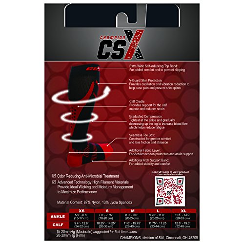 Image of CSX 20-30 mmHg Compression Socks for Men and Women, Knee High, Recovery Support, Athletic Sport Fit, Red on Black, Medium