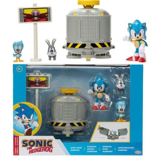 Image of Sonic The Hedgehog Level Clear Diorama Set With Included 2.5” / 6cm Sonic Action Figure. Features Flicky And Pocky Characters, A Goal Post, And Capsule For Boys Aged 3+