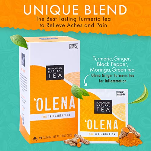 Image of Olena Turmeric Tea, Herbal Green Tea Blend - Hawaiian Natural, 20 Bags | All-natural and antioxidant-rich for wellness with ginger and black pepper; vegan and keto-friendly