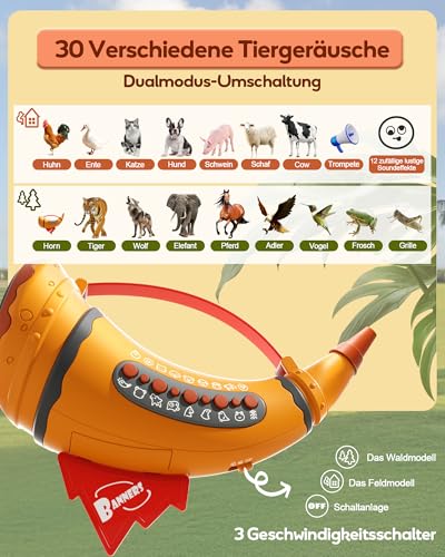 Tierrufer, realistische Tiergeräusche Spielzeug für Kinder Kleinkinder, Horn mit 2 Modi, 30 Effekte und 5-Level-Beleuchtung Display, Vorschule pädagogische für Jungen Mädchen ab 3 Jahren