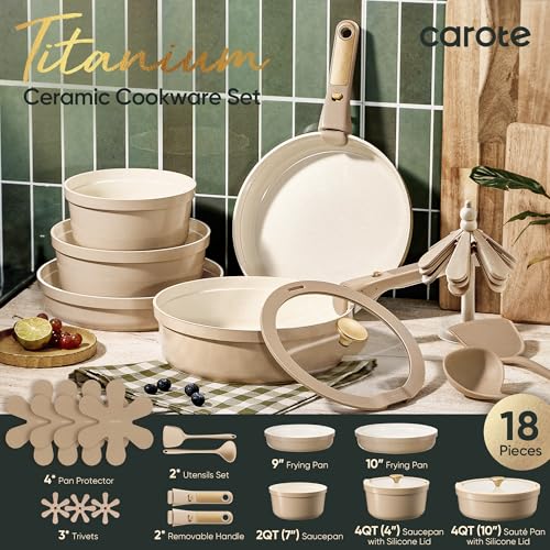 Image of CAROTE 18 Pcs Ceramic Cookware Set Titanium Nonstick with Detachable Handles, Non Toxic Cookware, Pots and Pans Set Non Stick Removable Handles, Induction Available, Kitchen Cooking, Dishwasher Safe