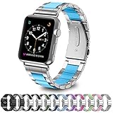 GreenInsync Bands for Apple Watch 38mm Metal, Special Edition Stainless Steel Wristbands Buckle Clasp Watch Strap Replacement Bracelet W/Silicone Gray Cover Blue for Apple Watch Series 3/2/1