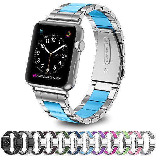 GreenInsync Bands for Apple Watch 38mm Metal, Special Edition Stainless Steel Wristbands Buckle Clasp Watch Strap Replacement Bracelet W/Silicone Gray Cover Blue for Apple Watch Series 3/2/1