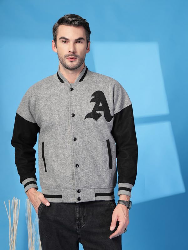 Image of CHKOKKO Men's Oversized Varsity Jacket with Snap Button Closure and Patch Design Trendy Comfortable Outerwear for College Travel and Casual Wear