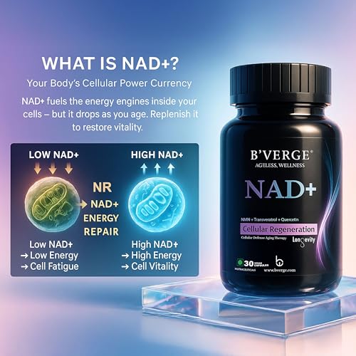 Image of B'VERGE NAD Supplement Booster With Resveratrol & NR (NMN Alternative) | NAD+ Precursors | Supports Healthy Aging, Cellular Repair, Muscle Strength & Brain Function | 30 Veg Capsules (30 count (Pack of 1), NAD 30 Caps)