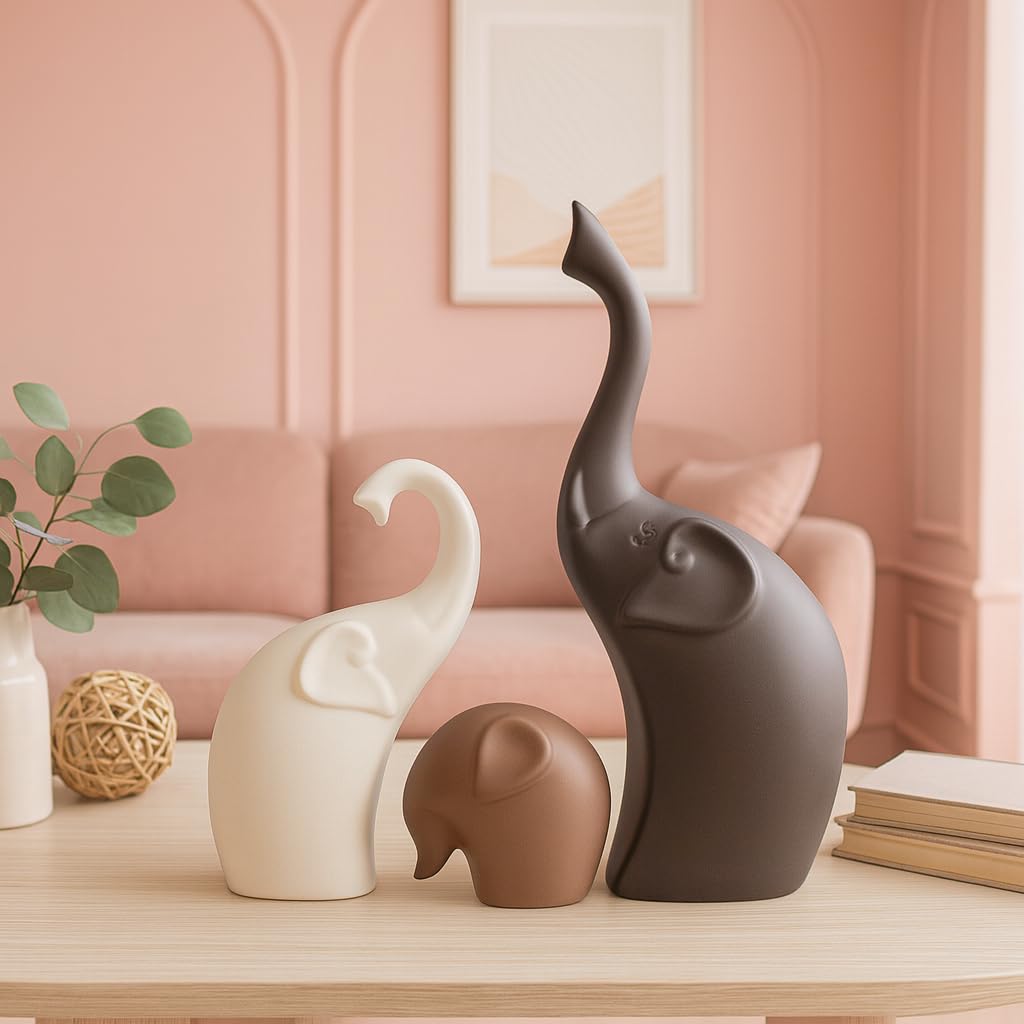 Xtore Home Décor Elephant Family Matte Finish Ceramic Figures - (Set of 3 Piece, Matte Brown)