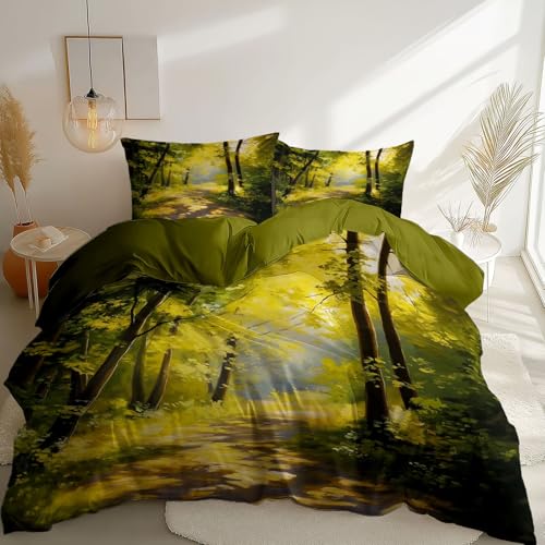 Juego de Funda Nordica Cama 200 x 200 cm, Suave Transpirable Microfibra Pintura Al Óleo Bosque Camino Estampada Verde Fundas Nórdicas - Juego de Cama para Adultos y niños