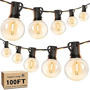 100FT LED Outdoor String Lights Patio Light with 52 Shatterproof G40 Dimmable Globe Bulb, 2-Pack 50FT Waterproof Outside Hanging String Light for Christmas Backyard Porch Balcony Gazebo Party