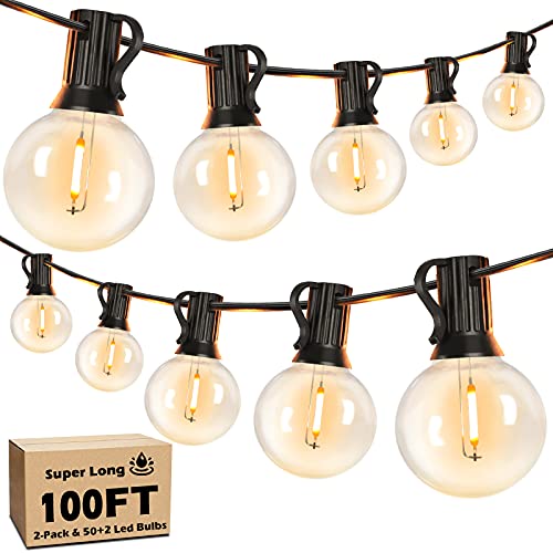 100FT LED Outdoor String Lights Patio Light with 52 Shatterproof G40 Dimmable Globe Bulb, 2-Pack 50FT Waterproof Outside Hanging String Light for Christmas Backyard Porch Balcony Gazebo Party