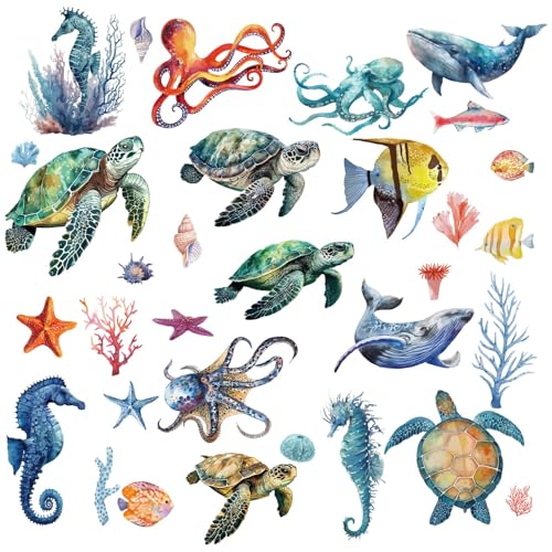 CRASPIRE 8 Hoja de Pegatinas Autoadhesivas para Ventana de Tortuga Pulpo Caballito de Mar Pez Marino Verano Pegatinas de Pared Vinilo PVC Impermeable Decoración para Dormitorio Cuarto de Bebé Sala