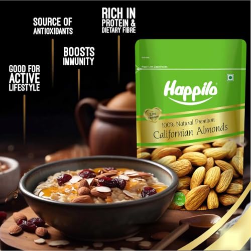Image of Happilo Premium Natural Californian Almonds 200g | Badam Giri, Healthy Snacks, Dry Fruits | Crunchy Nuts | High in Fiber | Rich in Protein | Magnesium | Phosphorus | Dietary Fibre | Zero Cholesterol (Pack of 2)