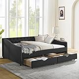 Daybed with Drawers, Modern Linen Upholstered Full Size Day Bed Button-Tufted Sofa Daybed Frame with Double Drawers, No Box Spring Needed, Furniture for Bedroom Living Room Guest Room (Black, Full)