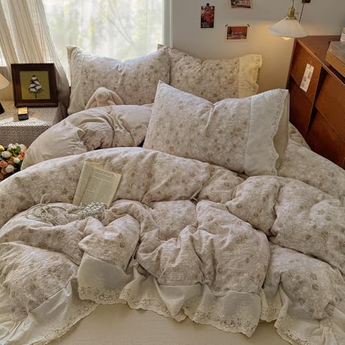 Guchuang Double Duvet Cover 3-Piece, Beige Floral & Ruffled Bedding Set - Soft Microfiber, Wrinkle-Resistant Duvet Cover with Hidden Zipper (Double, 200x200cm)