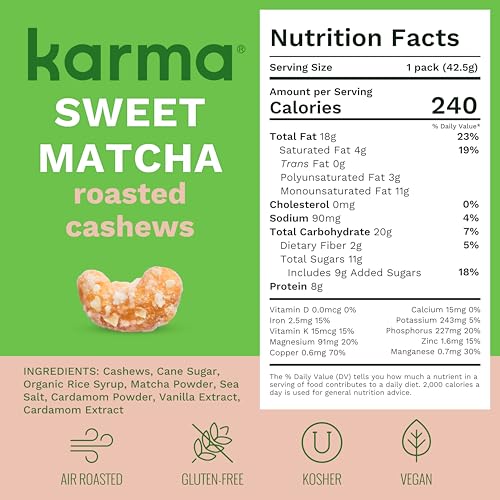 Image of Sweet Matcha Cashews with Skin by Karma Nuts, Whole, Sweet, Roasted, Vegan, Gluten Free, Low Net Carb, Natural, Everyday Nut Snack, 1.5 Ounce (12 Snack Packs)