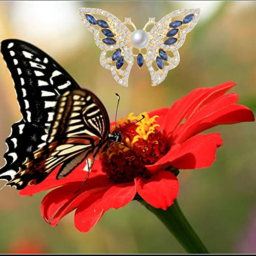 Image of FEELMEM Crystal Rhinestone Butterfly Brooch Pin Blue Color Butterfly Brooches for For Women Wedding /Banquet /Birthday Party